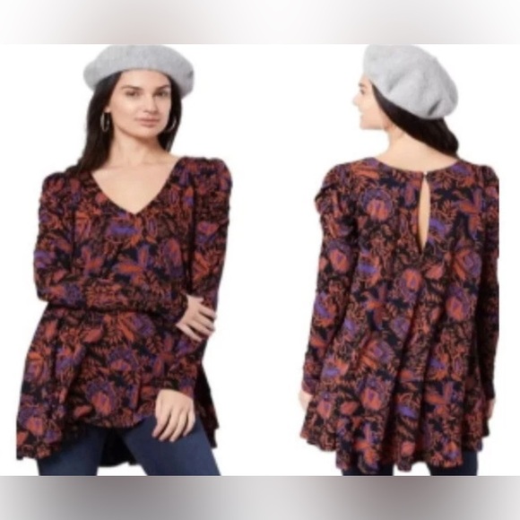 Free People Hello Lover Tunic Top In Noir Combo Size S Puff Sleeve Floral Dress - Picture 2 of 15